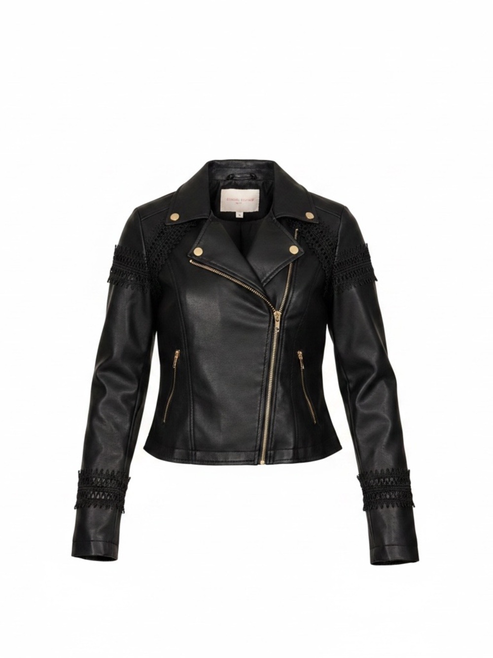 Shoe Dazzle Black Faux Leather Biker Jacket with Crochet Trim